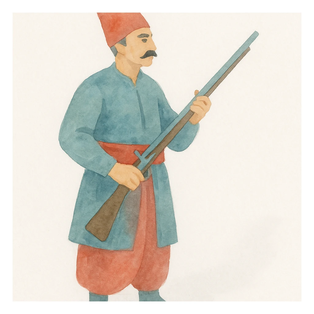 an Ottoman Janissary, depicted in a painterly style, holding a musket, rich colors sticker