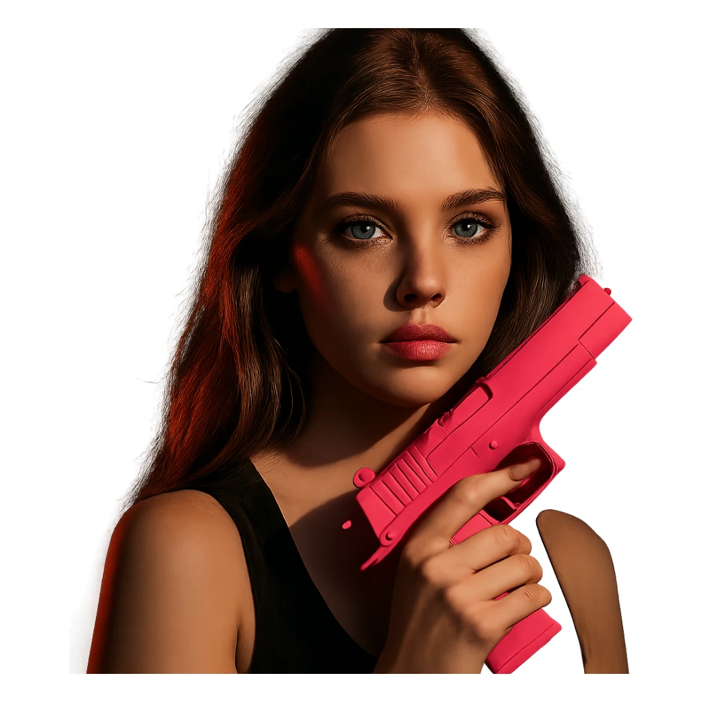 white girl with blue eyes, pink nails, holding a pink gun, dramatic lighting sticker