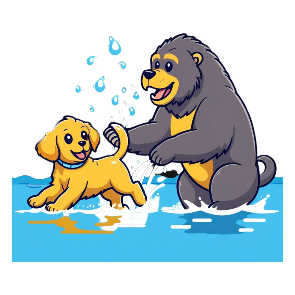 Golden retriever playing with a gorilla in water  sticker