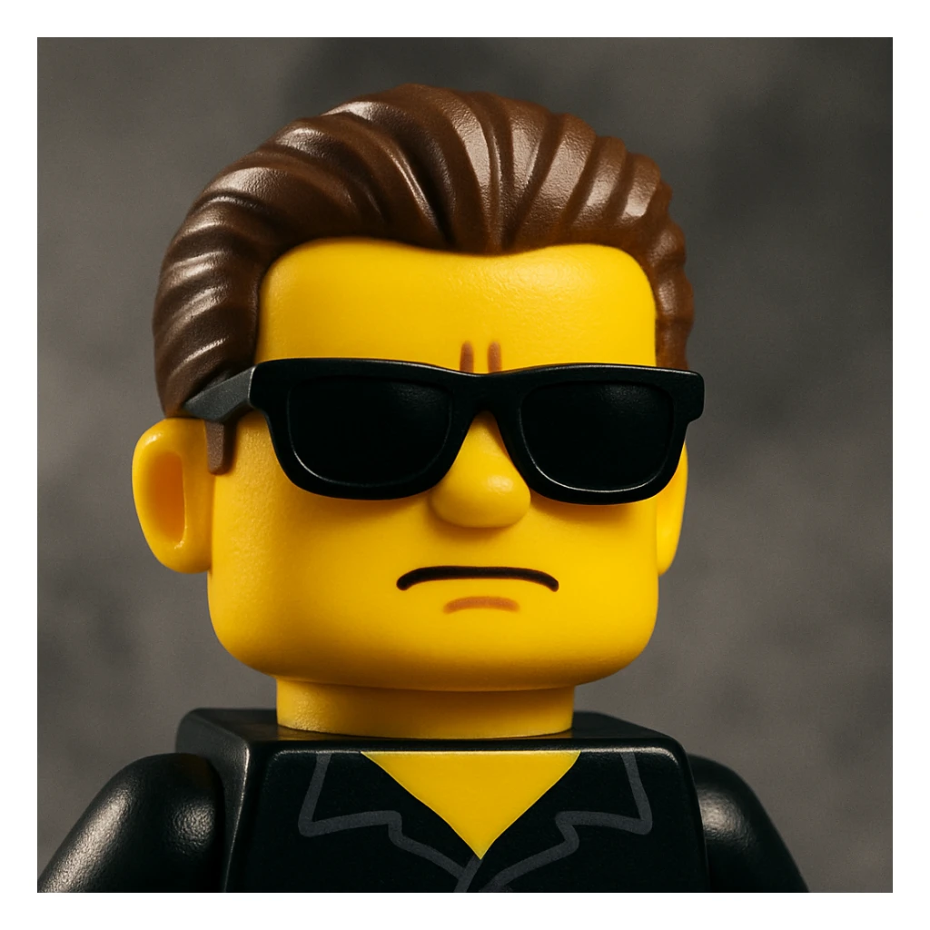 Transform this face into a LEGO minifigure style with yellow LEGO skin tone and blocky features, keeping the sunglasses and slicked-back hair. The style should resemble the iconic LEGO minifigure look. sticker