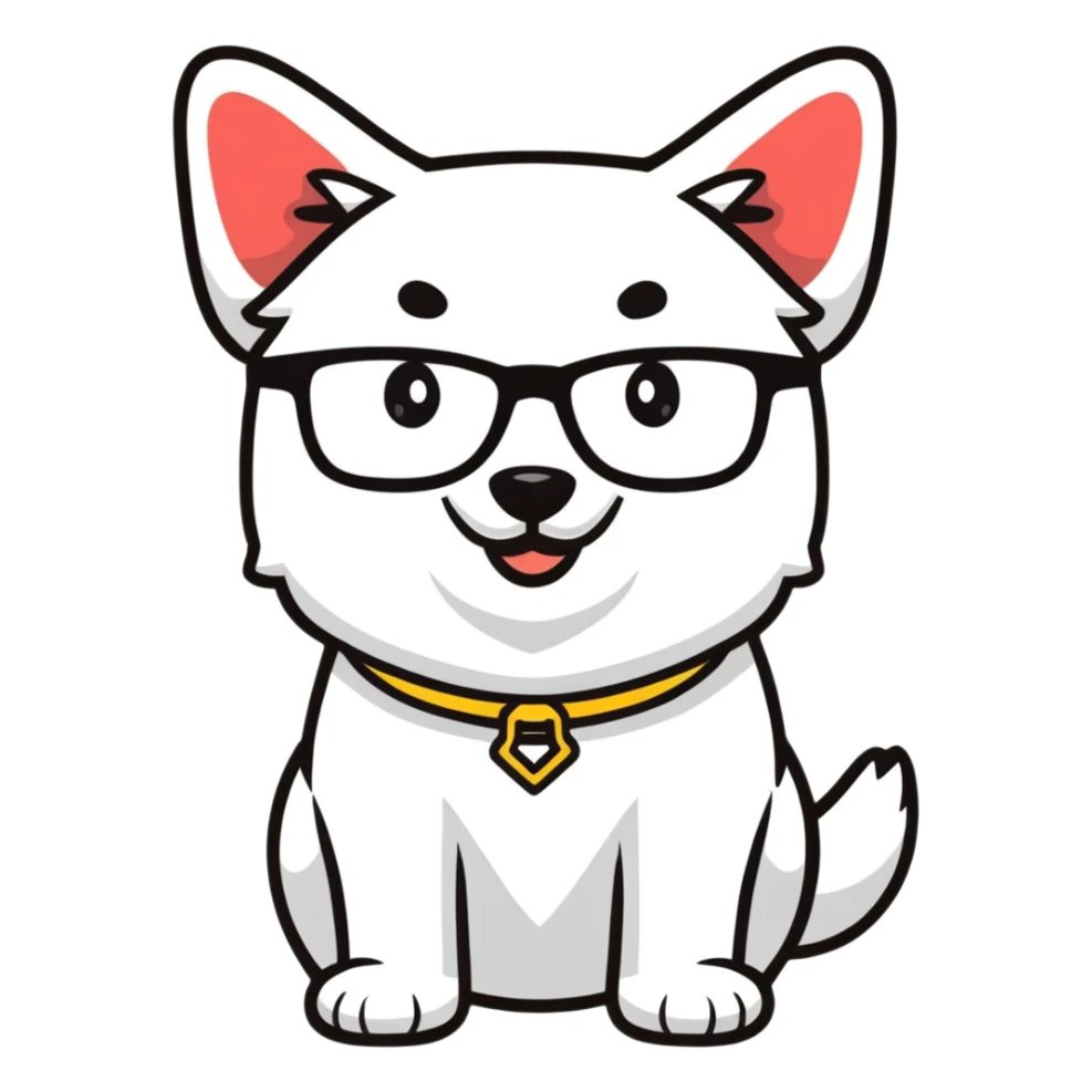 dog wearing glasses with a sweet smile sticker