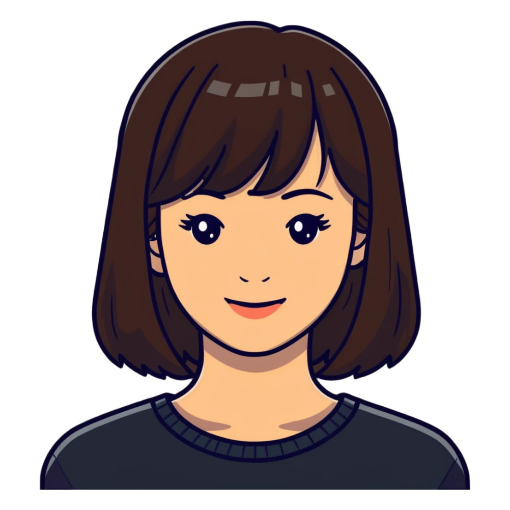 Pretty woman with dark brown bangs, subtle makeup, warm smile sticker