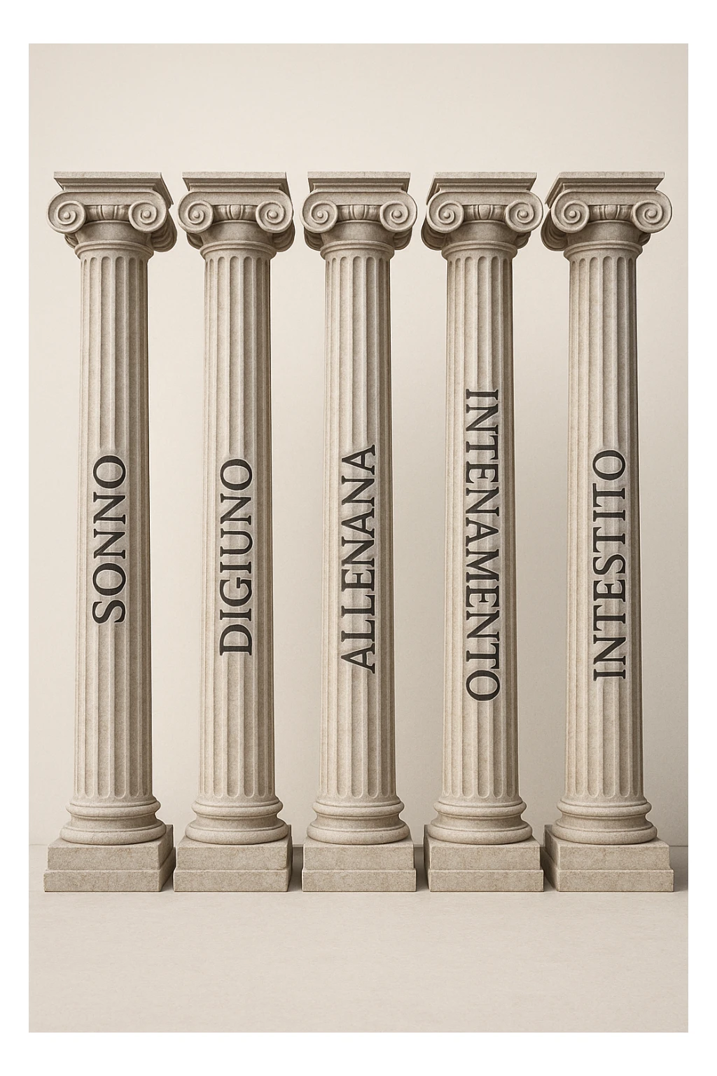 5 pilastri con le scritte "SONNO", "DIGIUNO", "ALLENAMENTO", "INTESTINO", IMMAGINE IPERREALISTICA SFONDO CHIARO IN ITALIANO sticker