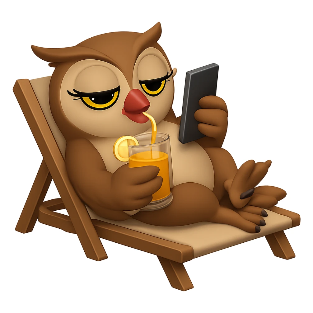 Точно такая же сова с накрашенным клювом и ресницами, лежит на шезлонге, потягивает коктейль и также смотрит в смартфон, прозрачный фон sticker