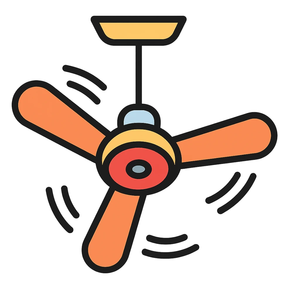 Add motion lines to the ceiling fan to indicate it is spinning, keep the color outline icon style with no background. sticker