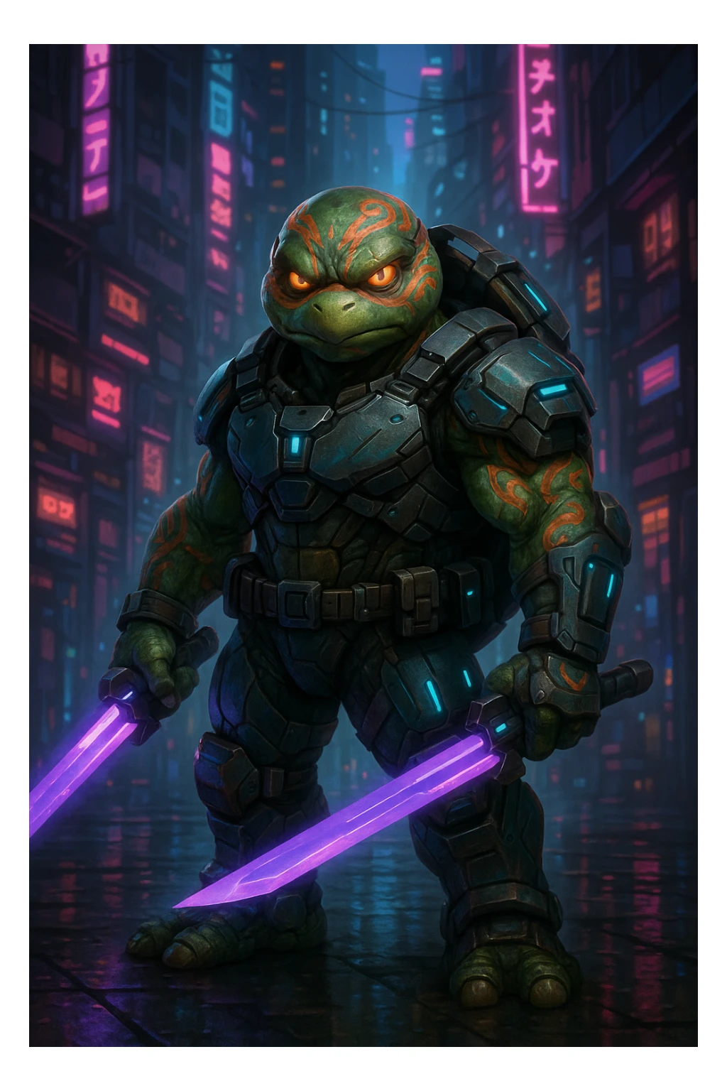 A bold, clever mutant turtle with tribal markings, wearing advanced street armor, glowing eyes, wielding dual energy blades, tech shell, standing in a neon-lit dystopian city, original design, not referencing any known characters. sticker