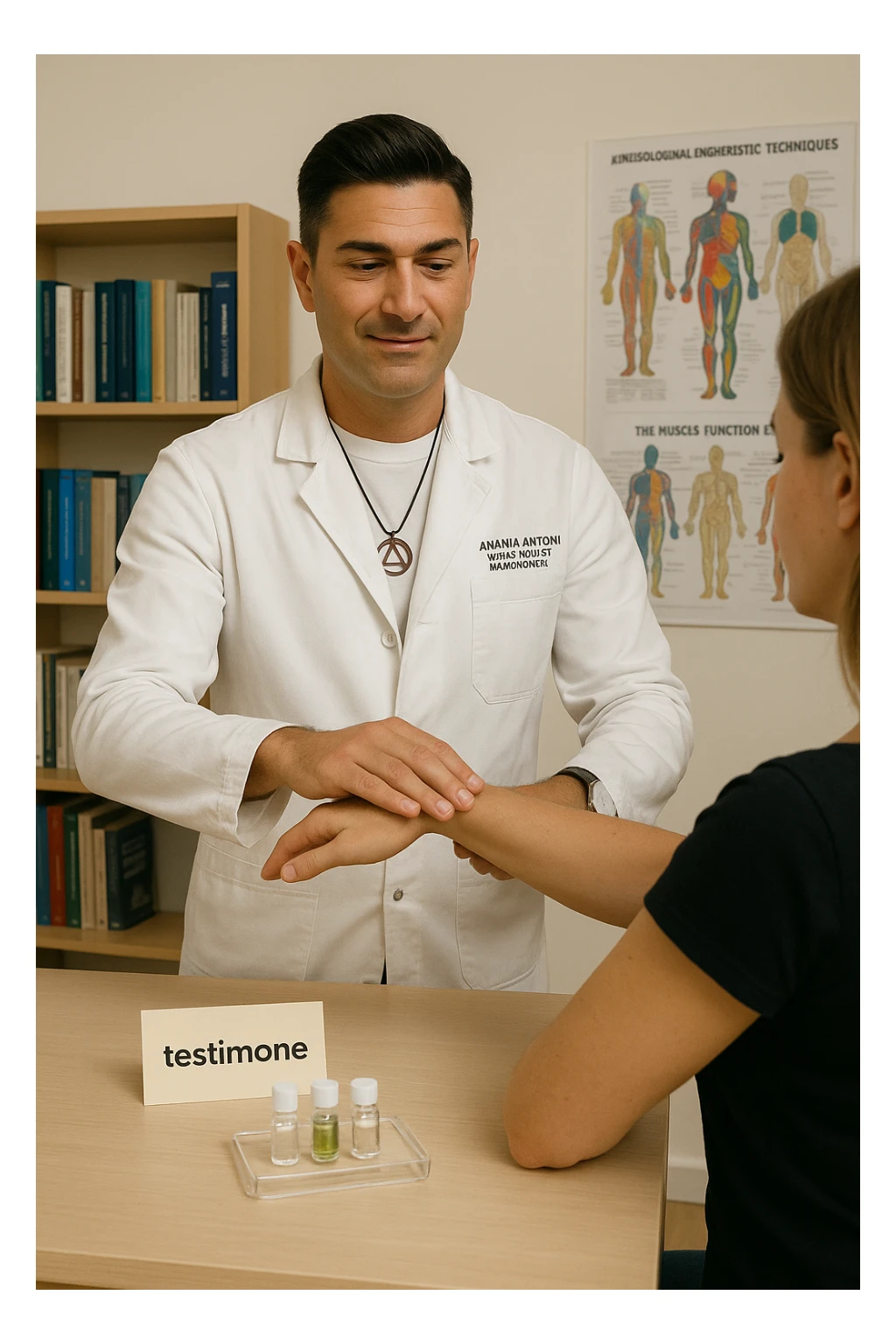 a middle-aged man in a calm, well-lit studio, wearing casual professional attire, performs a classic muscle test on a client’s outstretched arm. On a nearby table, there are small envelopes or vials labeled “testimone” representing samples or objects connected to a distant person. The atmosphere is focused and serene, with books and charts about kinesiological techniques in the background. sticker