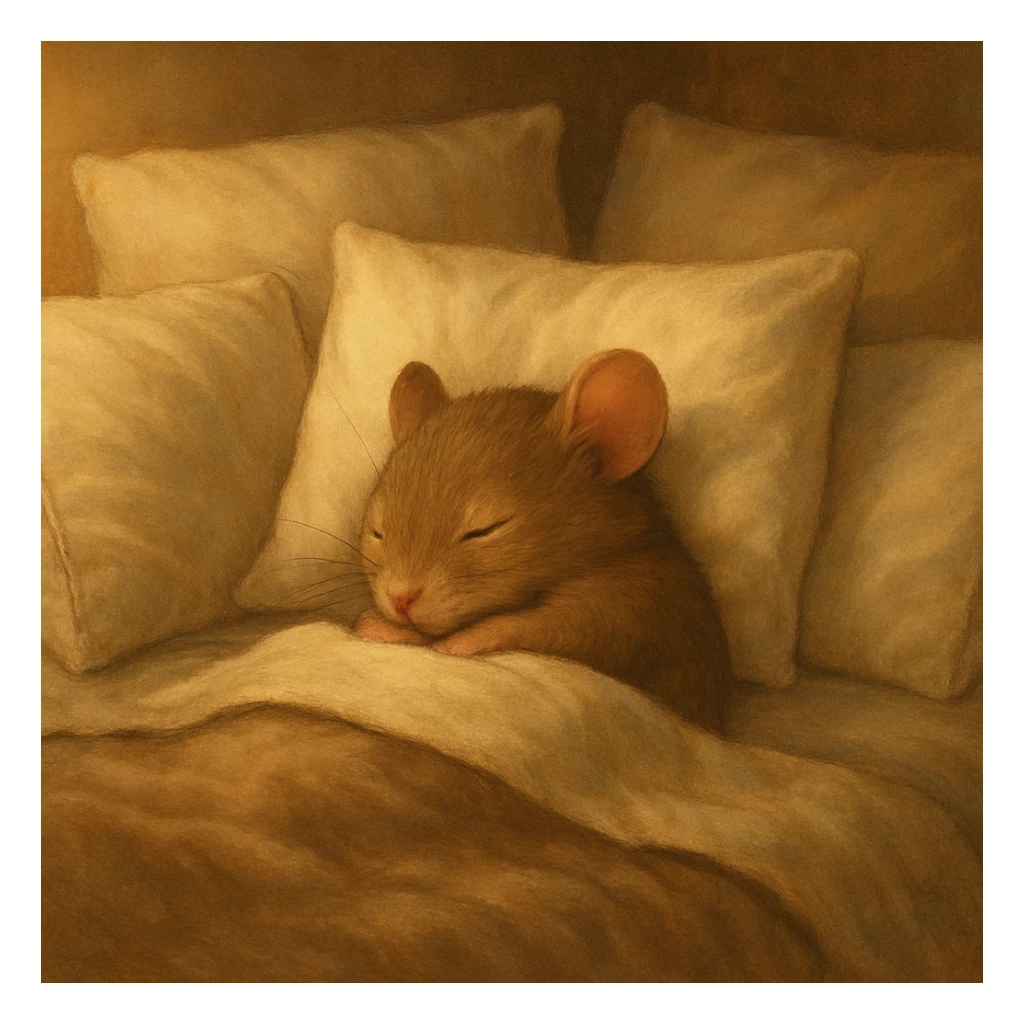 a small animal curled up in bed, surrounded by pillows, cozy vibe, peaceful and warm setting sticker