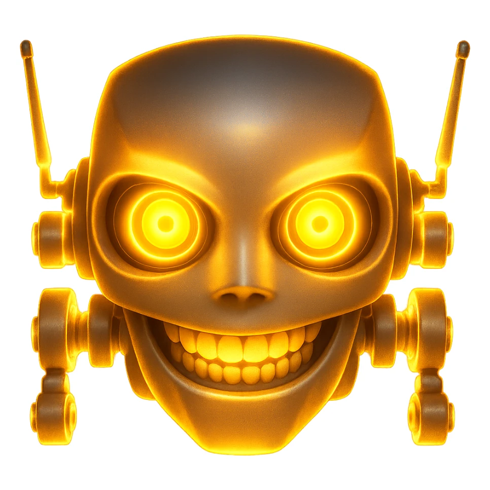 Add glowing effects to the emoji of V from Murder Drones, especially around her yellow eyes and robotic features. Keep the background transparent. The style should maintain the original emoji look with emphasis on glowing highlights around the eyes and robotic parts. sticker