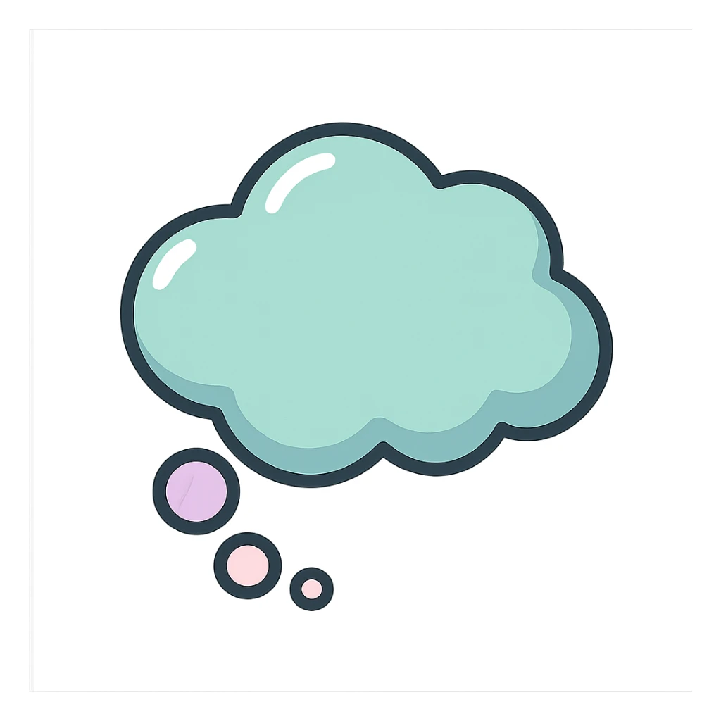 thought bubble, icon-color-outlined style, well detailed, detailed shadows and highlights, thin clean contours, soft rounded shapes, pastel palette #98B5BC, #B5B3C1, #C9A3C9, #E4C0CA, #F7DCD1, #F7C0AA, modern Japanese pop art and sticker aesthetics, soft lighting, transparent background sticker