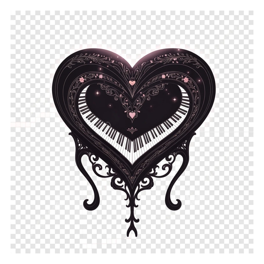 goth heart piano, cute, expressive, minimal, transparent background sticker
