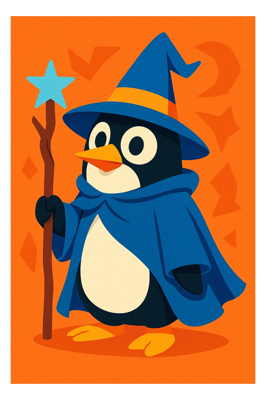 a penguin dressed as a wizard, with a pointed hat and a magic staff, in a fun and whimsical style sticker