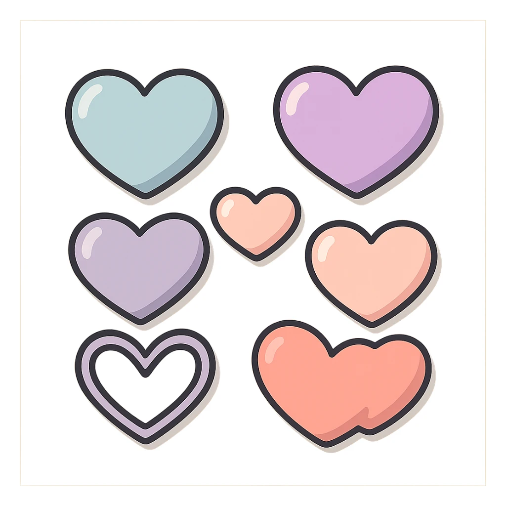 various heart shapes on one sheet, vector look with shadows and highlights, detailed shading, thin clean outlines, soft rounded features, pastel palette #98B5BC #B5B3C1 #C9A3C9 #E4C0CA #F7DCD1 #F7C0AA, Japanese pop art, sticker look, highly detailed sticker
