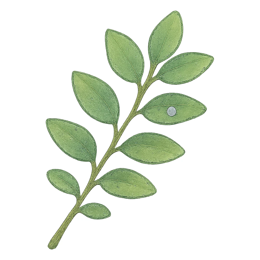 a simple leafy green branch, Japanese hand-drawn pastel style, full object, transparent background, with a tiny dew drop sticker