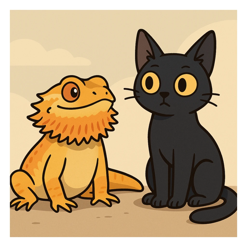 a bearded dragon sitting next to a black cat, cute, cartoon style, flat toon style sticker