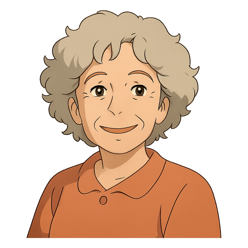 ghibli style smiling 50 year old lady with silver curly hair sticker