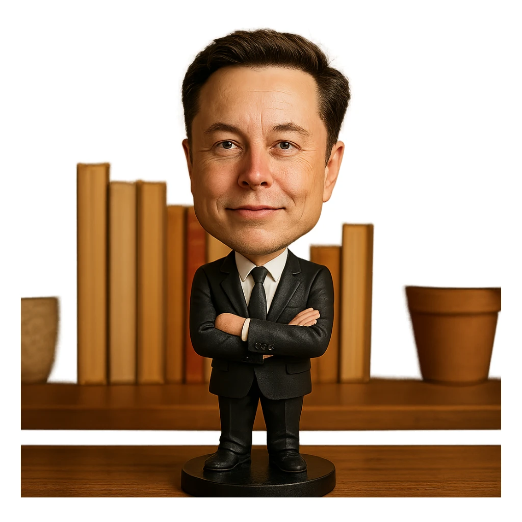 realistic features bobblehead of Elon Musk wearing a suit and tie sticker