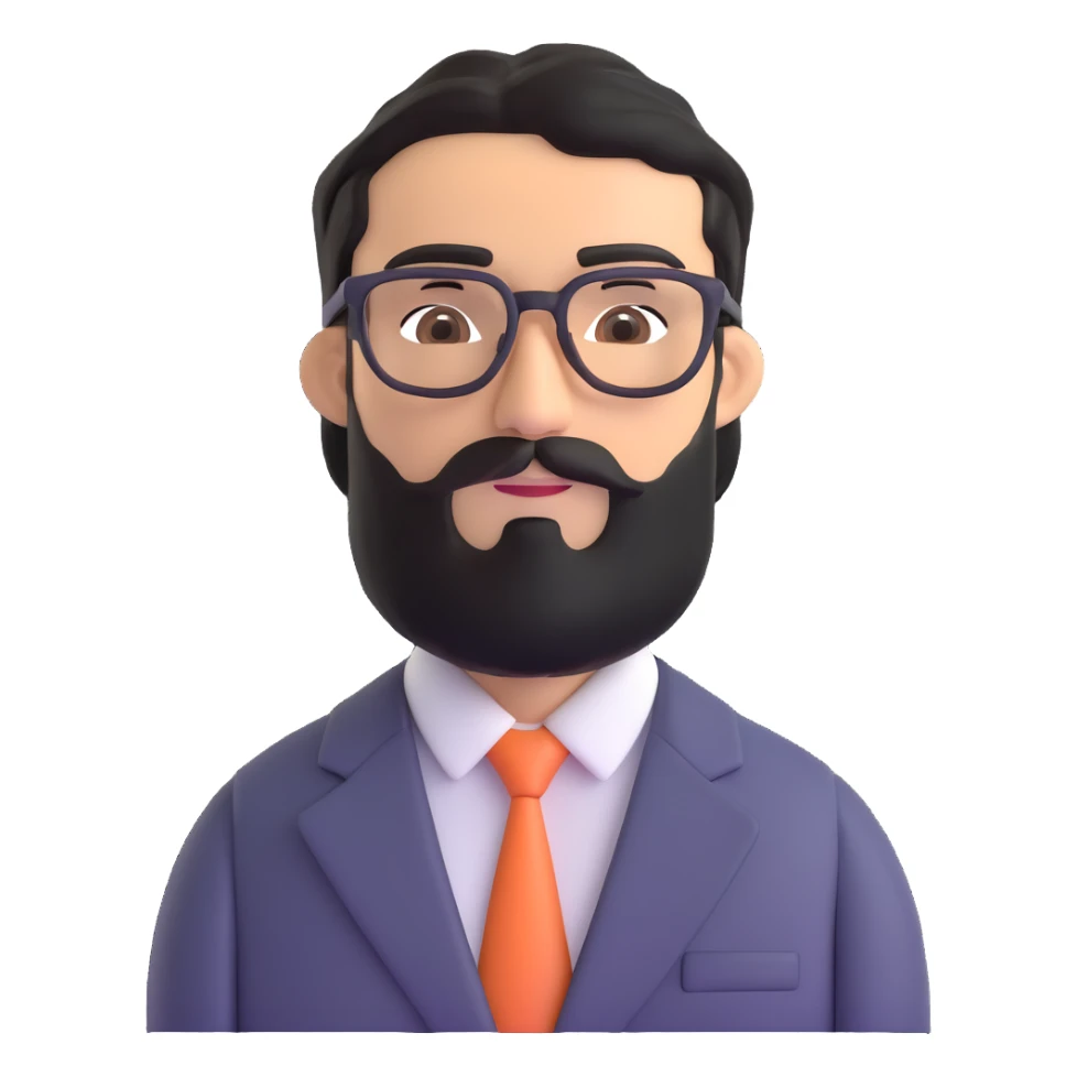 man with medium black beard, black hair, connected unibrow, olive tan skin, brown eyes, glasses, prominent long nose, wearing a professional business suit sticker