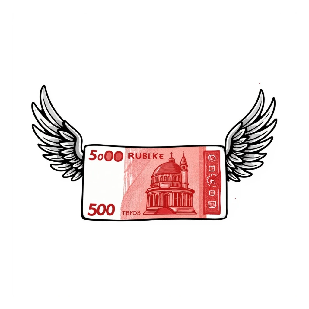 A 5000 ruble banknote with red color and wings sticker