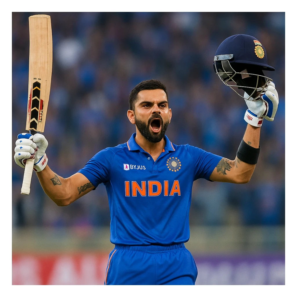 Virat Kohli, famous cricketer, celebrating a century, blue Indian team jersey, short hair, trimmed beard, passionate expression sticker