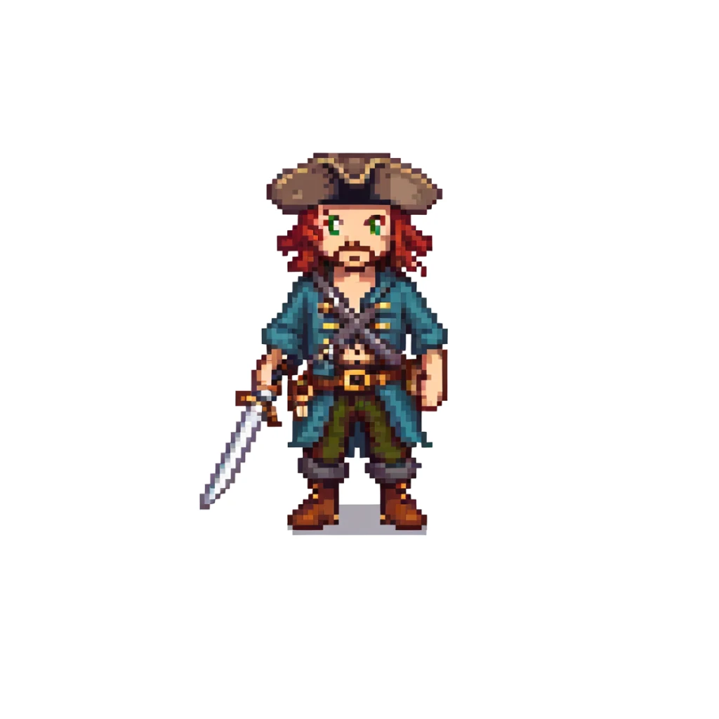 pirate character idle animation, 32-bit style, game sprite, standing with sword sticker