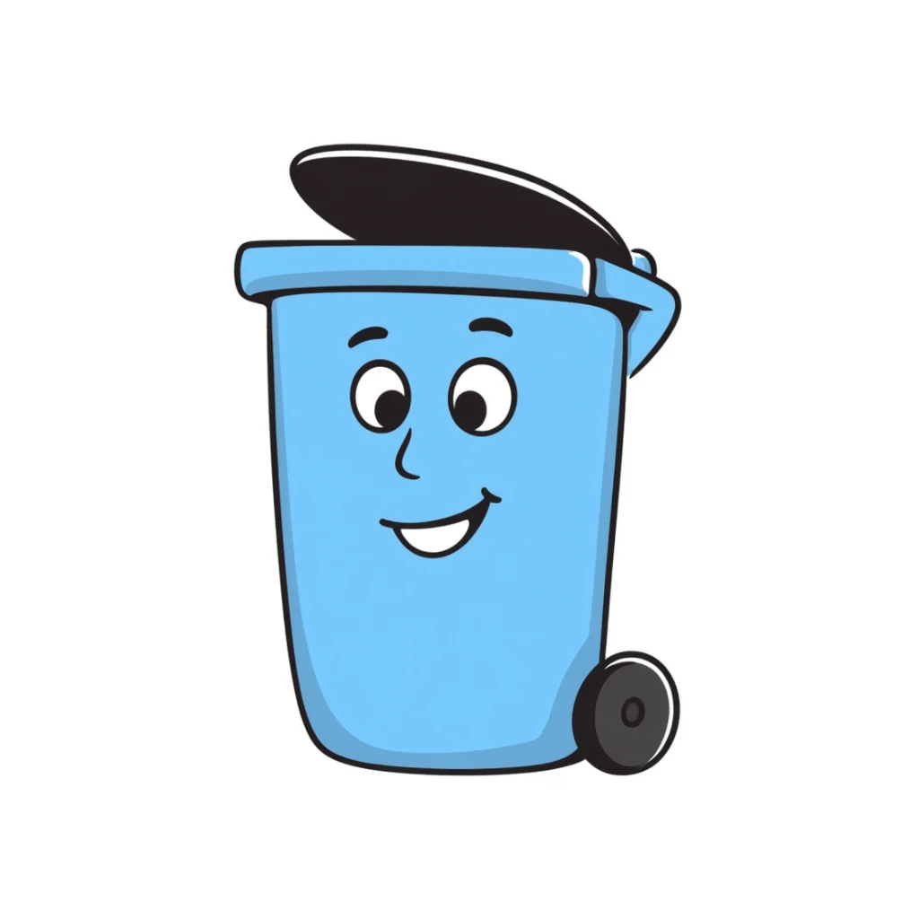 hand-drawn blue bin with a smile, waving sticker