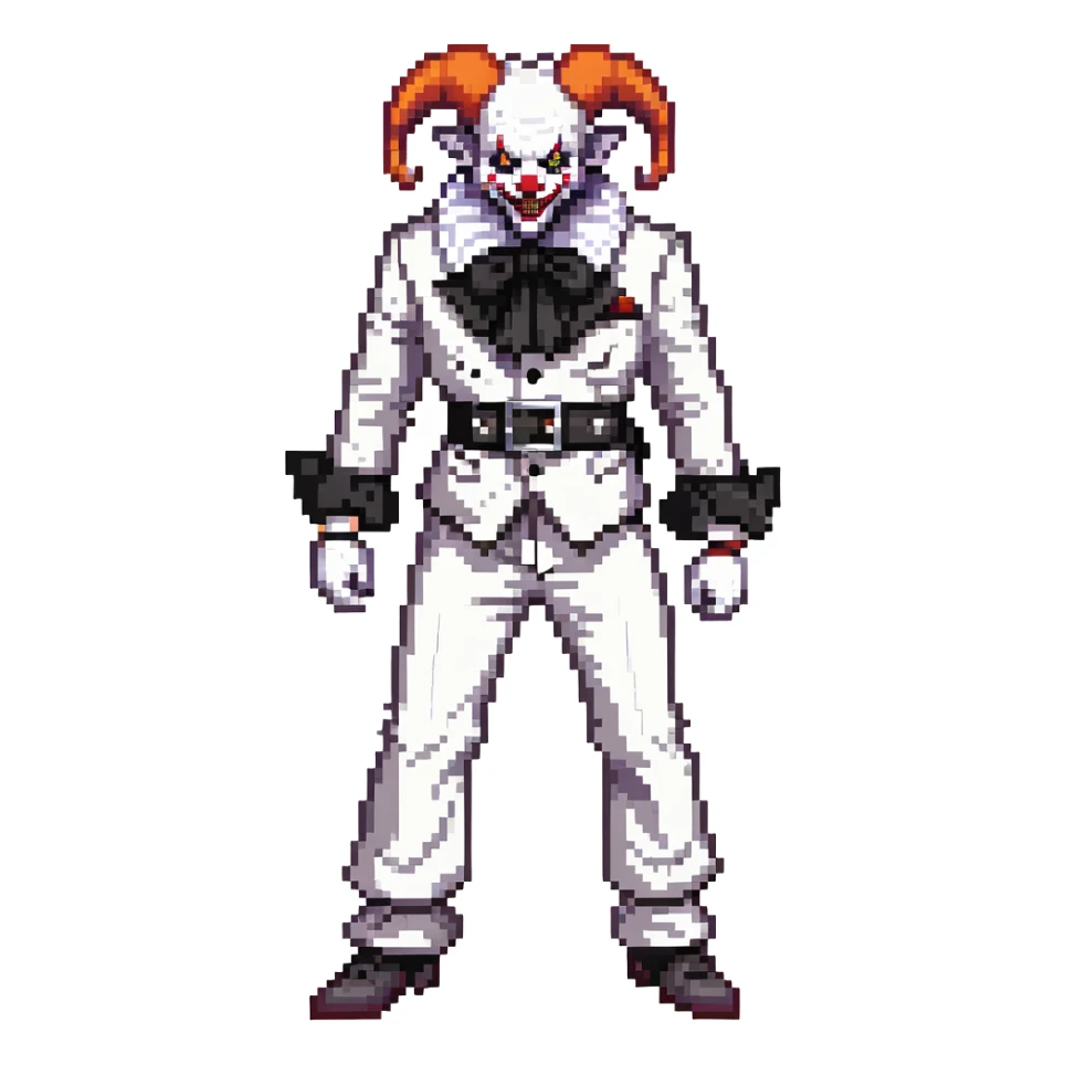 full-body demonic clown in black and white leisure suit with bellbottom pants, bald, black ram horns, flashy black and white belt, ruffled white shirt, no neck tie, large fangs sticker