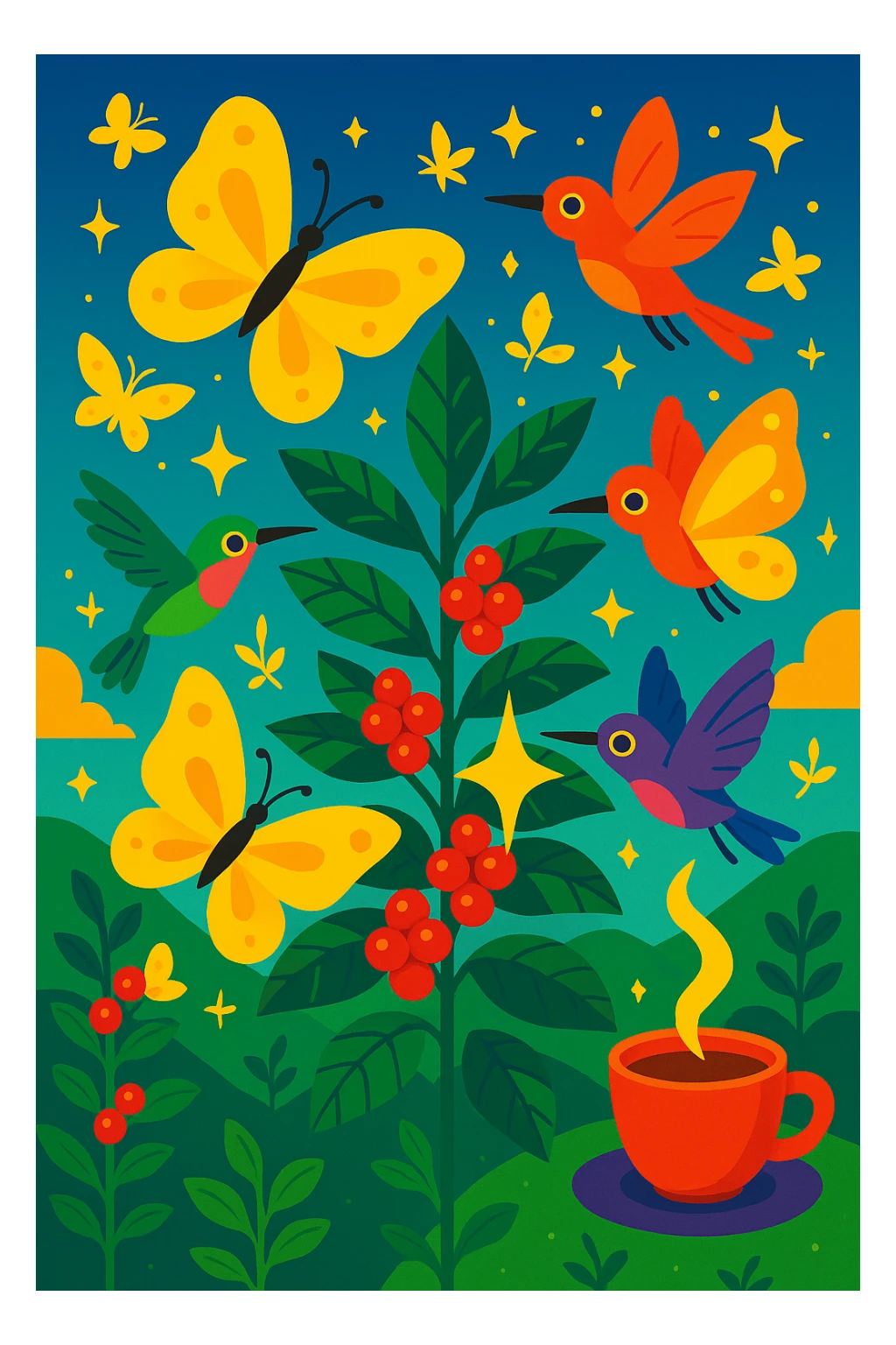 Add sparkling yellow butterflies hovering over the enchanted coffee farm, interacting with the plants and hummingbirds in a vibrant toon style. sticker