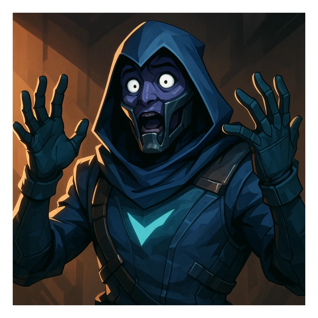 Valorant Omen character, surprised expression, wide eyes, hands raised, mask slightly open, Valorant style, detailed sticker