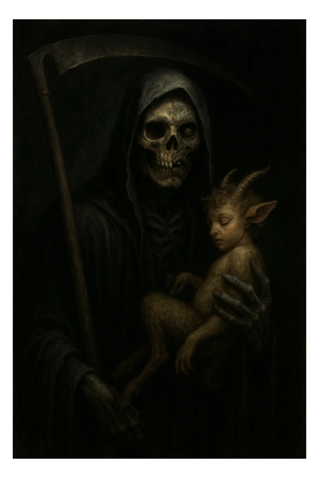 The grim reaper with a faun in his left hand, face split between skeleton and zombie, shadowy and mysterious style. sticker