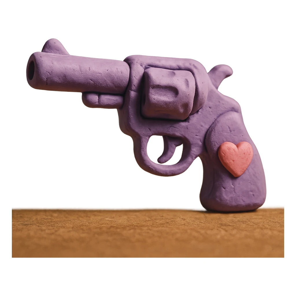 purple heart pistol, claymation style, soft pastel colors, visible fingerprints sticker