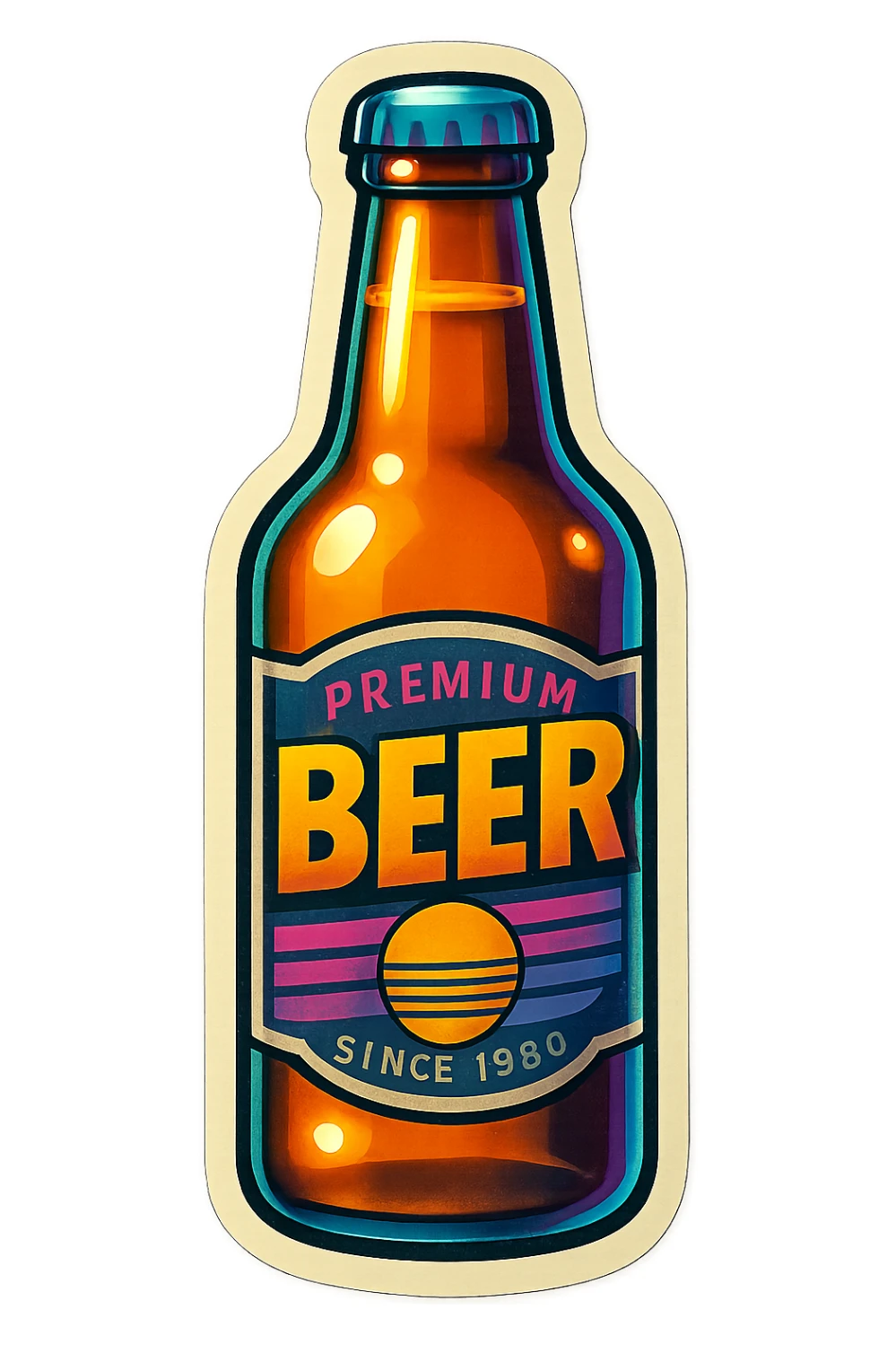A beer bottle with a label sticker with a vintage design and a retro vibe sticker