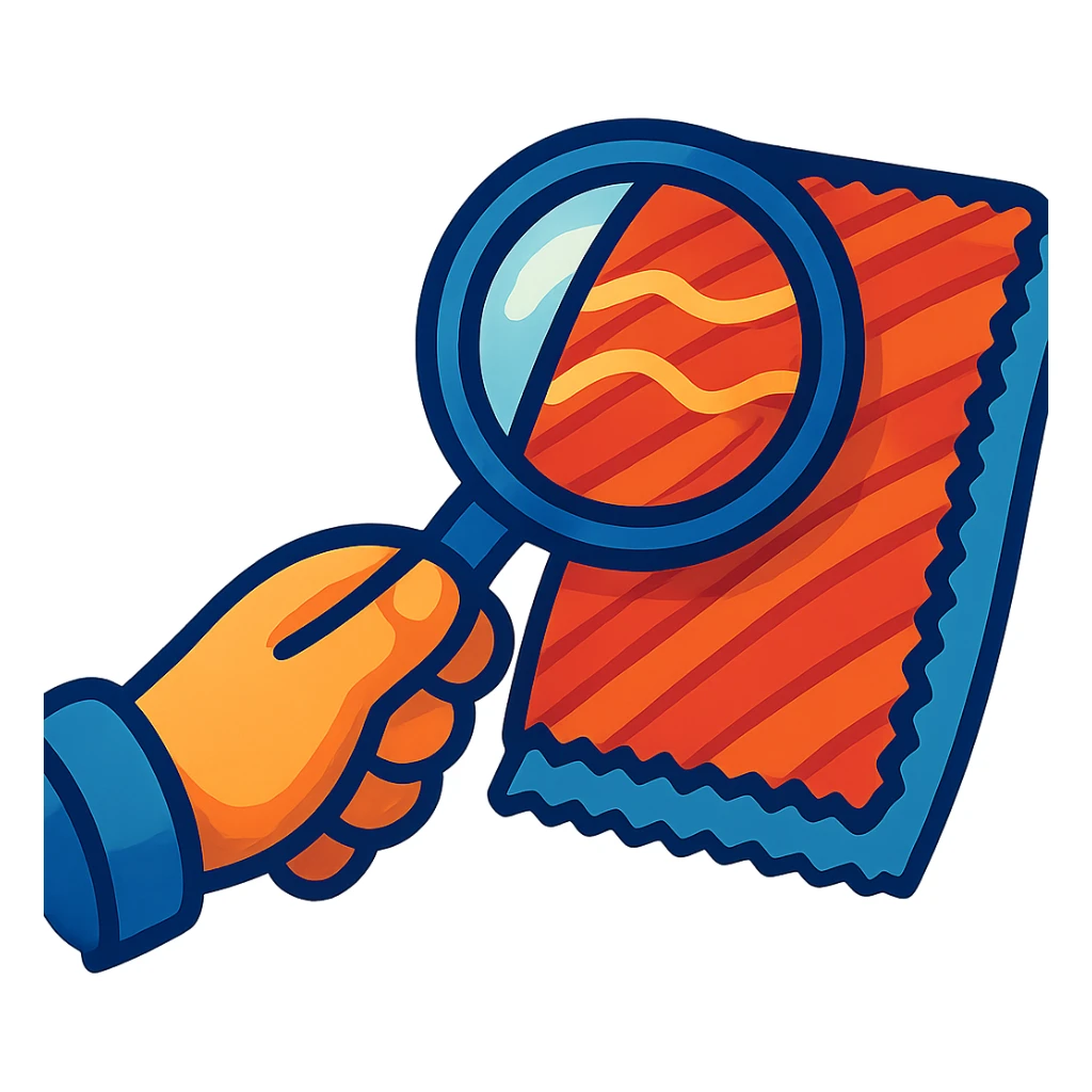 a hand using a magnifying glass to examine textile, soft cartoonish style sticker