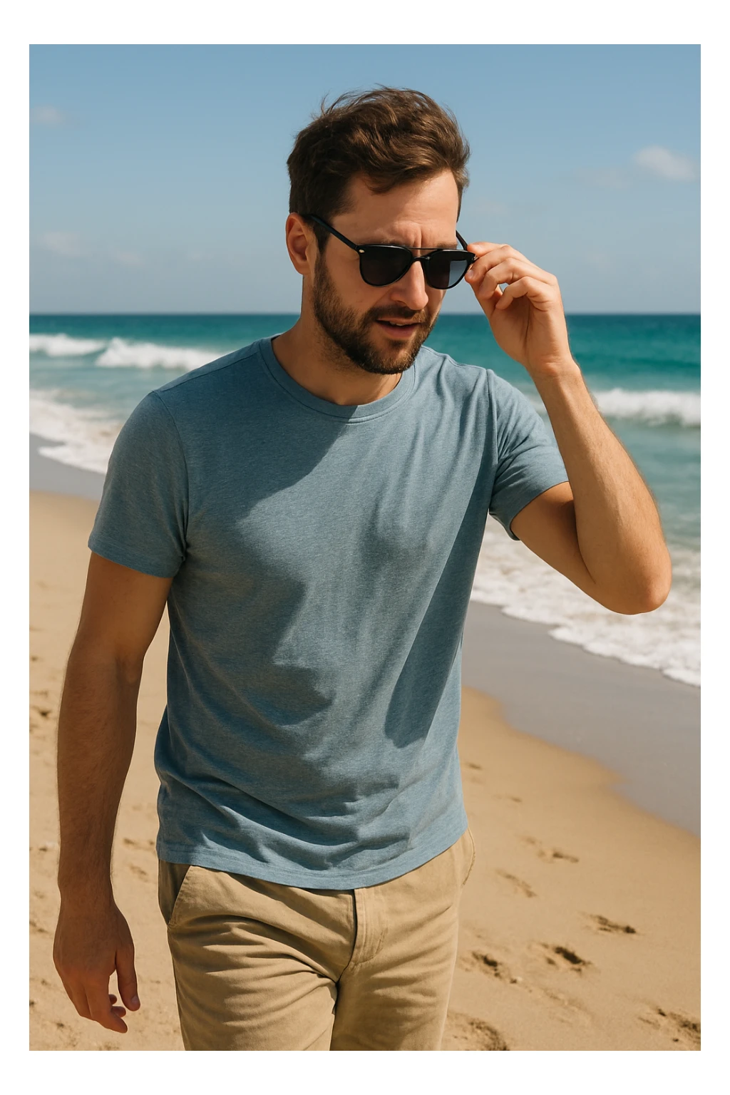 uomo passeggia a mare e si mette gli occhiali da sole sticker