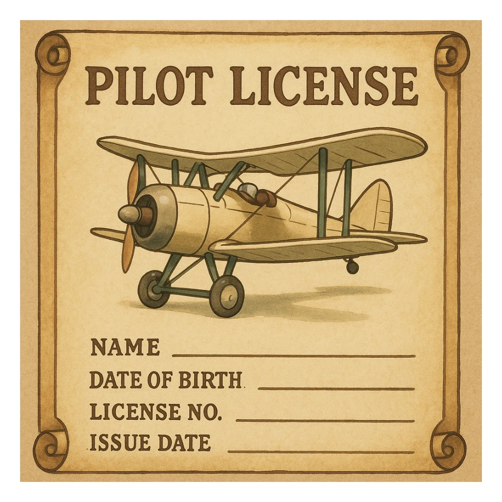 vintage-style pilot license with retro airplane and scroll-like border sticker