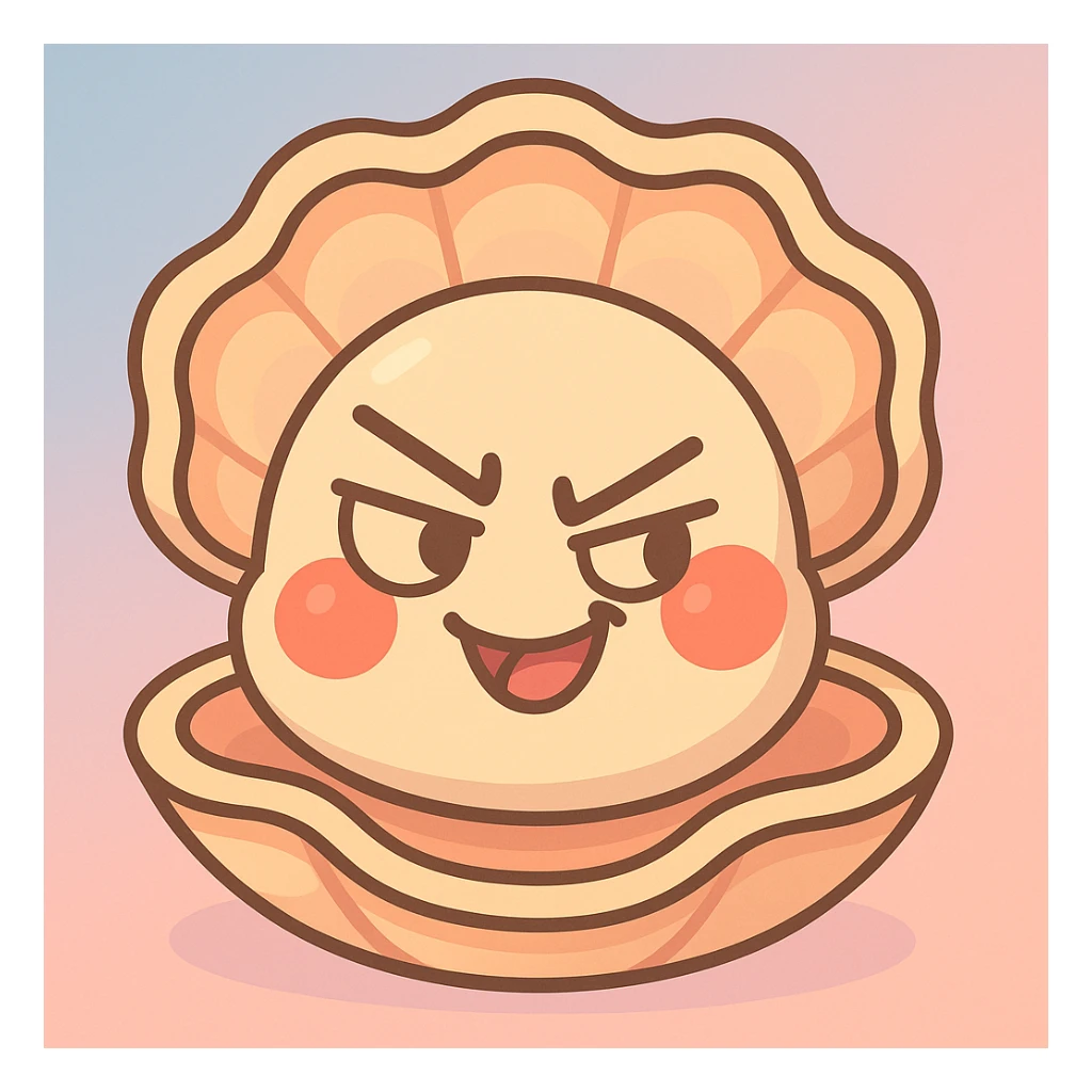 Add a soft pastel background with a gradient of light blue and pink to the cute oyster. Keep all the pastel toon details including the creamy, peach, and greige texture, the pearly and voluminous shell, the bright red cheeks, and the mischievous expression. sticker
