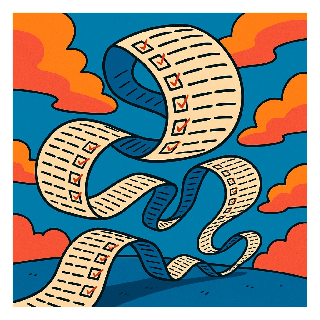 never-ending to-do list paper twisting and turning with exaggerated curves, filled with rows of tiny checkboxes, fading away in a vibrant cartoonish scene sticker