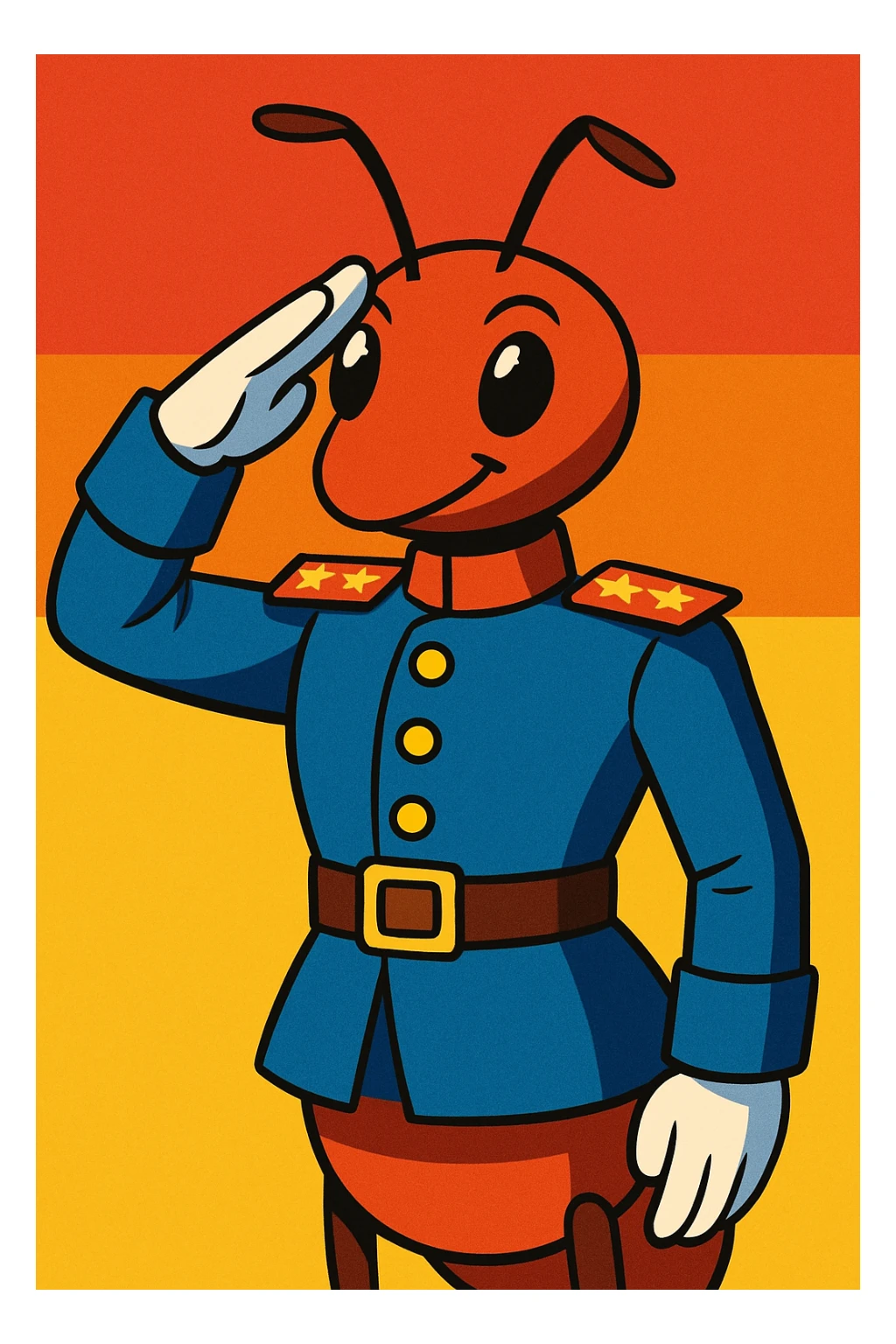 ant general in a crisp uniform, saluting, vibrant toon style sticker