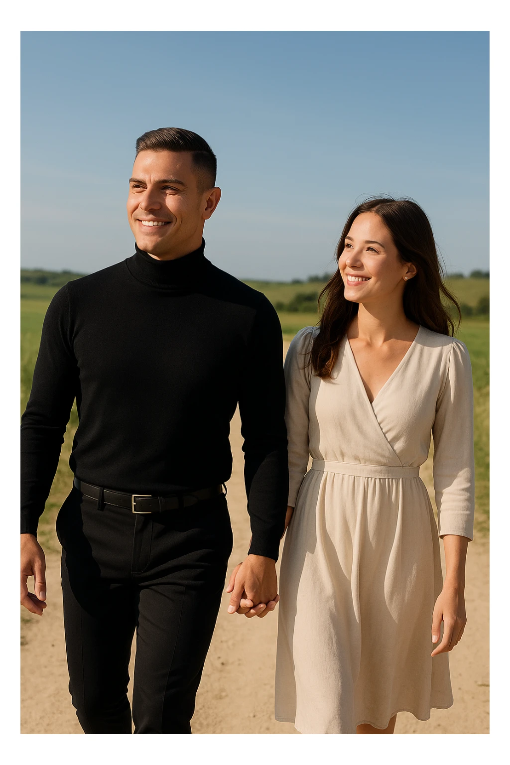 a couple walks together along a path, the man gently leading the way while the woman follows with trust and a smile. Both appear confident and content, symbolizing partnership and mutual respect. The background is a bright, open landscape, evoking a sense of shared journey and harmony. sticker