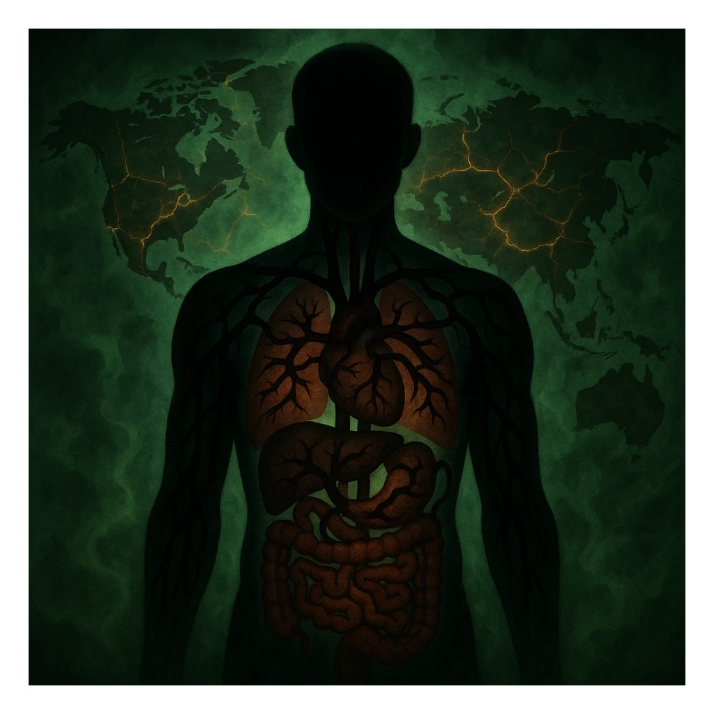 semi-realistic, high contrast, allegorical; human silhouette with visible organs, dark worm-like forms radiate into every organ, world map background, glowing cracks, sickly green mist, medical-fantasy atmosphere sticker