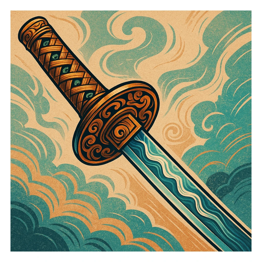 Japanese katana, stylized, with ornate handle and blade sticker
