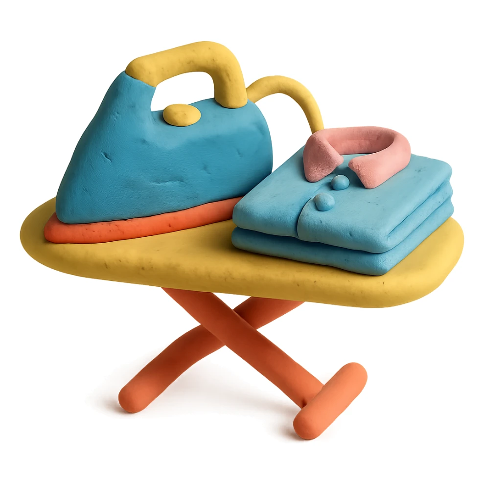 iron on ironing board with a neatly folded shirt, playful arrangement, pastel palette, claymation style sticker