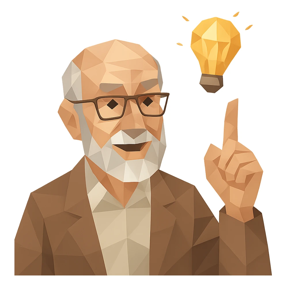 elderly man pointing his finger up at a light bulb, pretending that he has an idea sticker