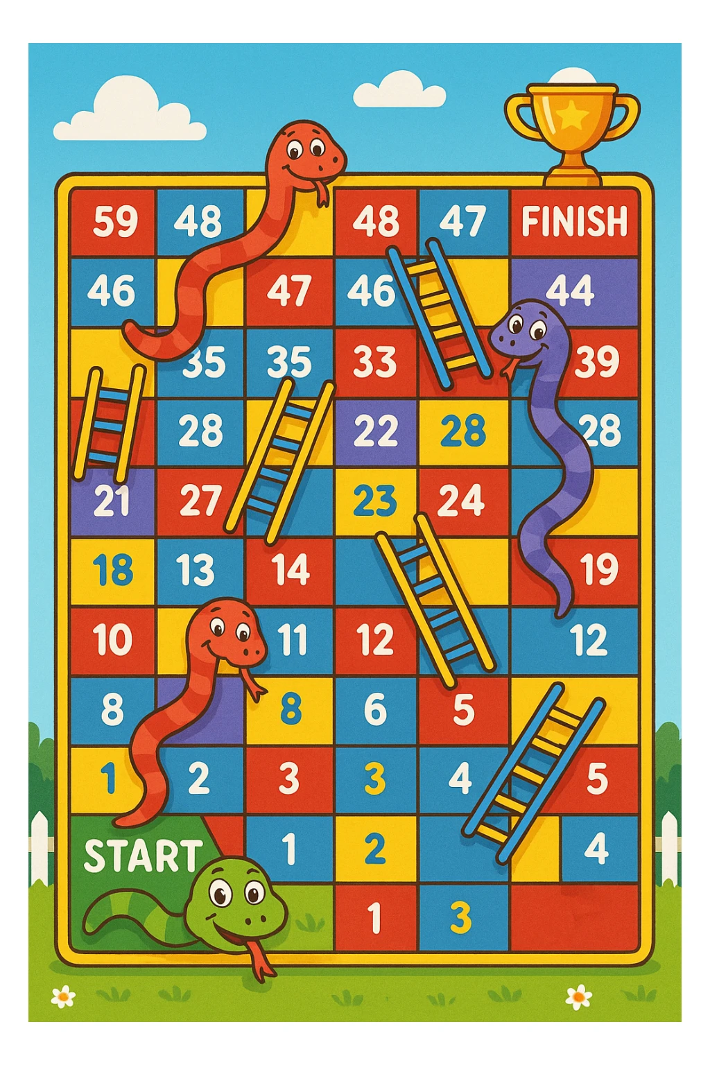 Create a colorful rectangular board game path in the classic "Snakes and Ladders" style. The path consists of 50 numbered squares arranged in a winding pattern across 4–5 horizontal rows. The path starts in the bottom-left corner with a cheerful cartoon snake's face and the word "START", and ends in the top-right corner with a trophy icon and the word "FINISH". Include several snakes that slide the player down (curvy red or purple snakes with playful expressions) and ladders that move the player up (brightly colored ladders with blue or yellow rungs). Some squares are colored differently (e.g. red, blue, yellow) to indicate special actions. The background is bright and fun, with a blue sky, white clouds, green grass, and a picket fence with flowers. Style: digital cartoon illustration with bold lines, vibrant colors, and a joyful, child-friendly atmosphere. The entire board should be playful, engaging, and suitable for kids aged 5–10. sticker