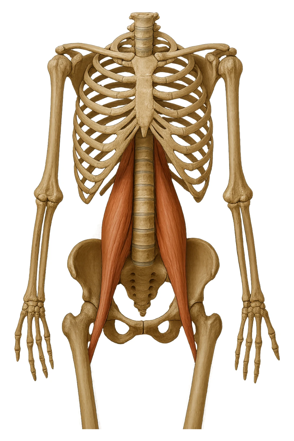 fai un immagine identica che riguarda IL MUSCOLO PSOAS i in evidenza (anatomicO) con colori naturali di un corpo umano. falla iperrealistica anatomica in 4k sticker