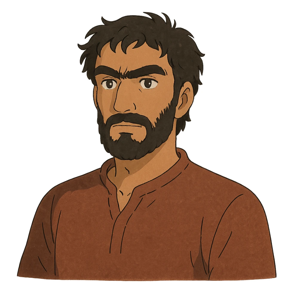 A Tajik man with medium to tall height, well-defined features, slightly curved nose, dark-brown eyes, thick eyebrows meeting above the nose, slightly wavy hair, and rich brown skin sticker