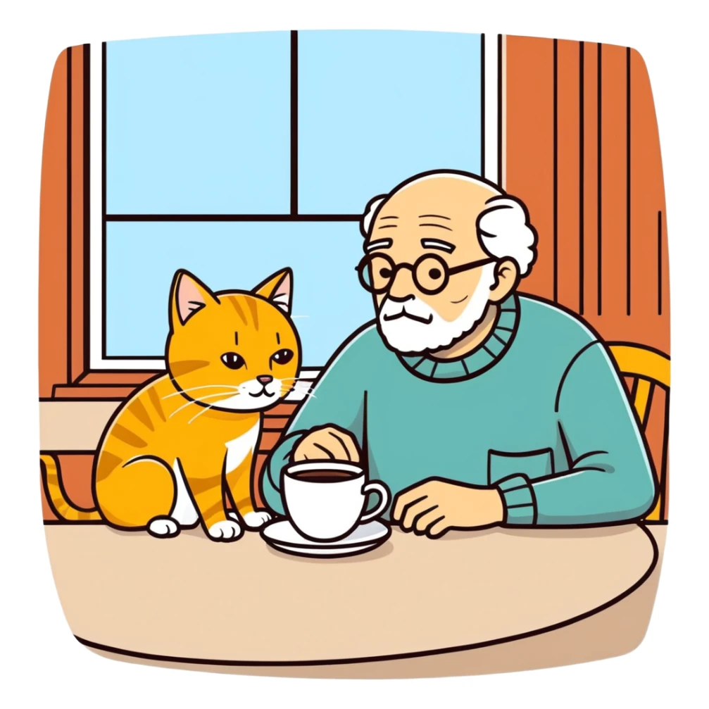  old blind man having coffee at the table ￼ with his golden cat  sticker