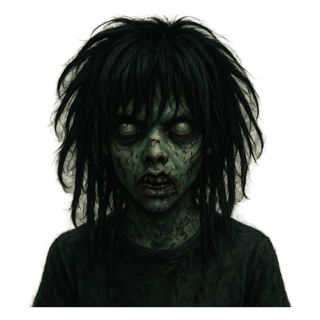 boy zombie with medium-long black dreads, emo and shaggy hairstyle, dark and spooky atmosphere, creepy expression sticker