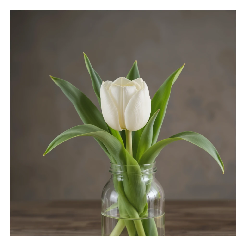 a white tulip in a glass vase, gentle lighting, realistic sticker