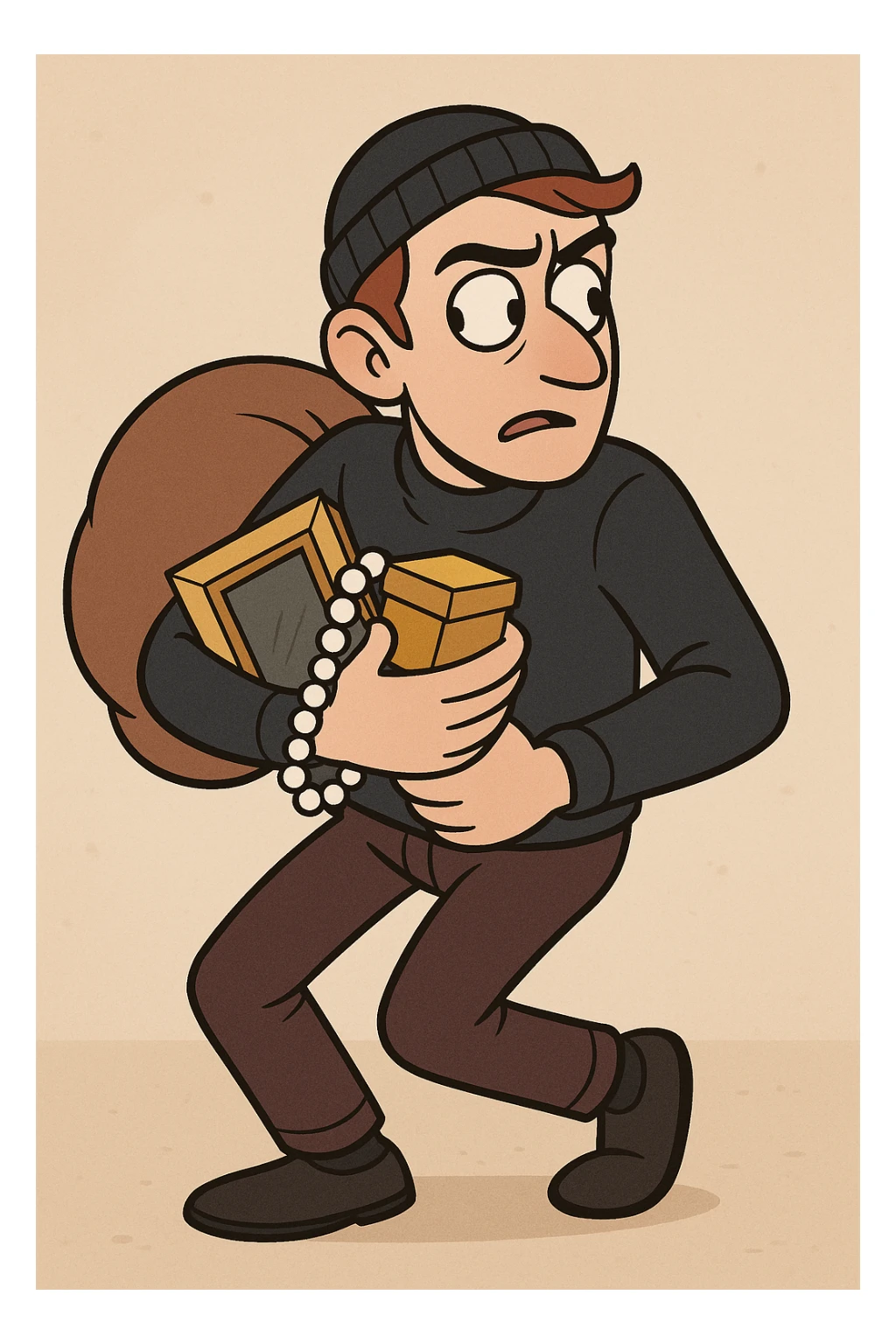 a thief, no mask, clutching stolen goods, glancing over shoulder, cartoon style sticker